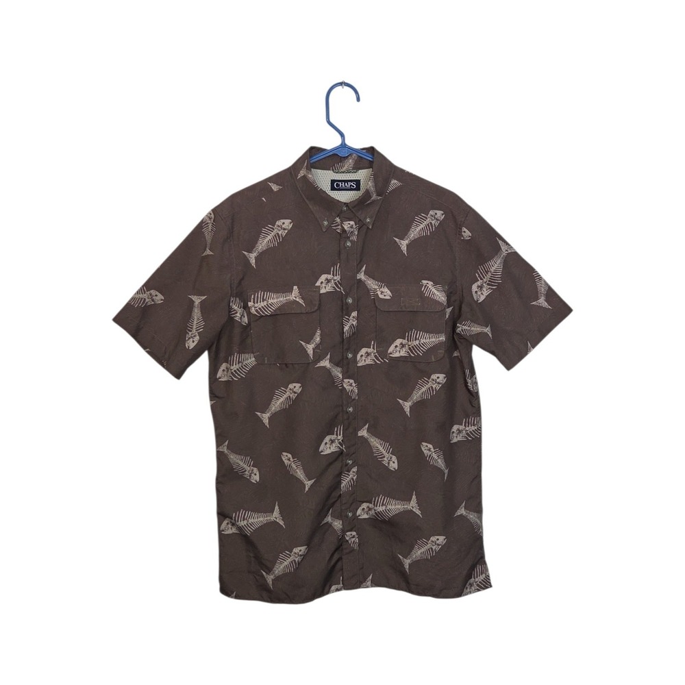 Chaps Mens Fishing Shirt Medium Brown Fish Skeleton Bone Print